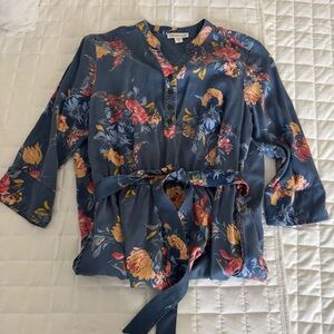 Coldwater Creek Belted Midi Dress Petite Medium Blue Pink Yellow Floral